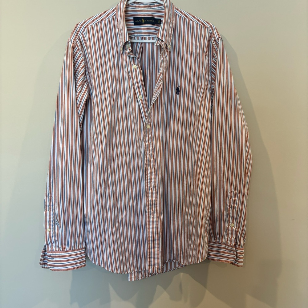 Ralph Lauren Men's Casual Striped Shirt - Orange and White Large